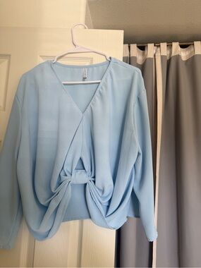 Light Blue Knot-Front V-Neck Long Sleeve Top